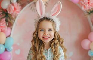 ai generado niño fiesta ideas con Pascua de Resurrección conejito orejas para cada años foto