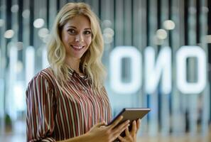 AI generated blonde business woman on tablet and smiling in office photo