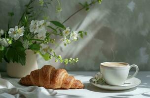 AI generated an image of a white tea cup, croissants, flowers and coffee photo