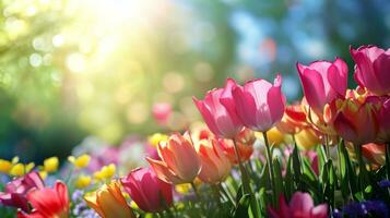 AI generated A springtime scene featuring vibrant flowers, evoking the freshness of the season for advertising bliss photo