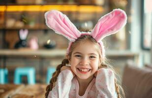 ai generado niño fiesta ideas con Pascua de Resurrección conejito orejas para cada años foto