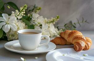 AI generated an image of a white tea cup, croissants, flowers and coffee photo