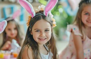 ai generado niño fiesta ideas con Pascua de Resurrección conejito orejas para cada años foto