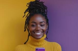 AI generated black woman using cell phone and smiling in background against purple photo