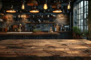 AI generated a wooden table in the kitchen with wooden lights photo