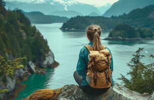 ai generado un mujer con un mochila sentado en un acantilado con vista a el mar foto