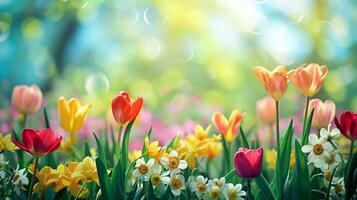 AI generated A springtime scene featuring vibrant flowers, evoking the freshness of the season for advertising bliss photo