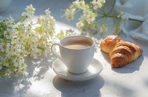 AI generated an image of a white tea cup, croissants, flowers and coffee photo