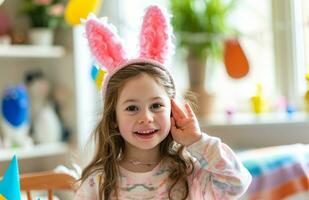 ai generado niño fiesta ideas con Pascua de Resurrección conejito orejas para cada años foto