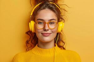 ai generado un joven mujer escuchando a música con amarillo auriculares foto