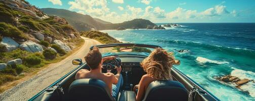 AI generated couple is in a convertible car driving to the ocean photo