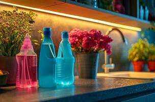 AI generated cleaning supplies in kitchen are placed on a counter, photo