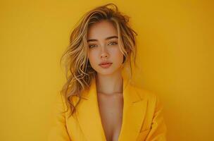 ai generado negocio mujer posando en amarillo atuendo en amarillo antecedentes foto