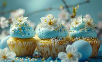 ai generado magdalenas decorado con blanco flores y azul huevos foto