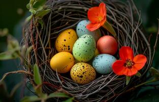ai generado docenas de de colores huevos anidado con un flor foto