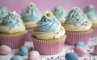 AI generated cupcakes decorated with daisy and easter eggs, photo