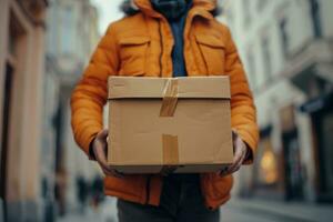 AI generated delivery person holding a brown cardboard box full of food photo