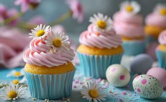 AI generated cupcakes decorated with daisy and easter eggs photo