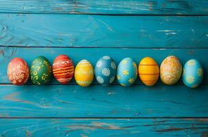 AI generated colorful painted eggs on blue wooden background photo