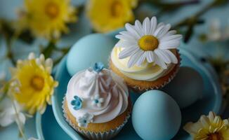 AI generated cupcakes decorated with white flowers and blue eggs photo