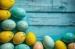 AI generated colorful painted eggs on a blue wooden background photo