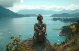 ai generado un mujer con un mochila sentado en un acantilado con vista a el mar foto