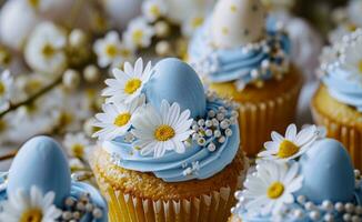 AI generated cupcakes decorated with white flowers and blue eggs photo