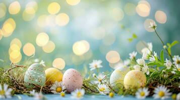 AI generated easter advertisment natural background with eggs, flowers, bokeh lights and copy space photo