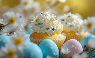 AI generated cupcakes decorated with white flowers and blue eggs photo