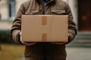 AI generated delivery company business man holds cardboard box photo