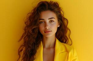 ai generado negocio mujer posando en amarillo atuendo en amarillo antecedentes foto