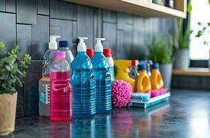 AI generated cleaning supplies in kitchen are placed on a counter, photo