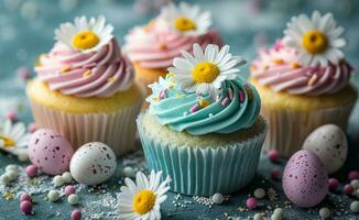 AI generated cupcakes decorated with daisy and easter eggs photo