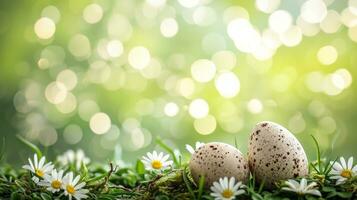 AI generated easter advertisment natural background with eggs, flowers, bokeh lights and copy space photo