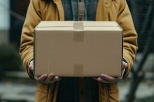 AI generated delivery company business man holds cardboard box photo