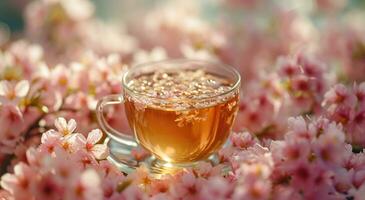 ai generado un taza de té es en parte superior un blanco mesa con floral ramas foto