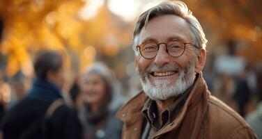 ai generado un adulto hombre sonriente en frente de grupo de personas foto