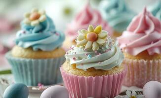 AI generated cupcakes decorated with daisy and easter eggs photo