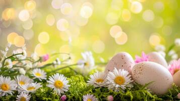 AI generated easter advertisment natural background with eggs, flowers, bokeh lights and copy space photo