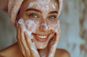 ai generado un sonriente mujer limpia su cara foto