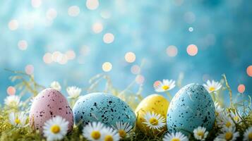 AI generated easter advertisment natural background with eggs, flowers, bokeh lights and copy space photo