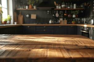 AI generated dark kitchen on top of wooden table wooden table photo