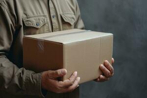 AI generated delivery company business man holds cardboard box photo