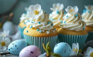 AI generated cupcakes decorated with daisy and easter eggs, photo