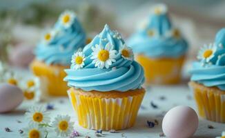 AI generated cupcakes decorated with daisy and easter eggs, photo