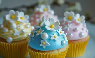 AI generated cupcakes decorated with white flowers and blue eggs photo