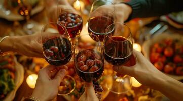 ai generado amigos brindis vino lentes terminado cena y bebidas foto