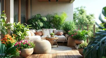 AI generated large balcony with plants and furniture photo
