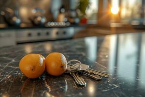 AI generated key of house keys on table in kitchen photo