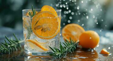 AI generated in an empty glass, fresh citrus slices and rosemary adorn a glass of water, photo